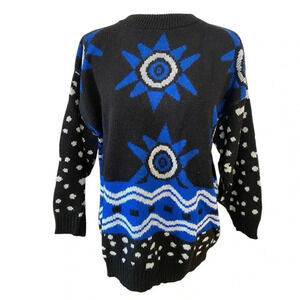 Vintage Womens Crewneck Longsleeve Long Sweater Size 8 Black Blue 1980s Acrylic